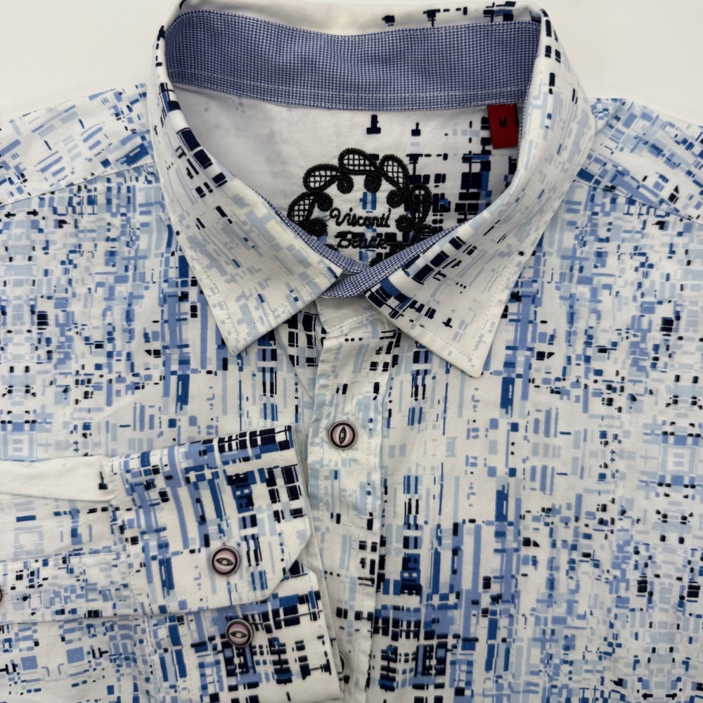 Luchiano Visconti Button Down Men M White Blue Abstract Geometric Modern Shirt